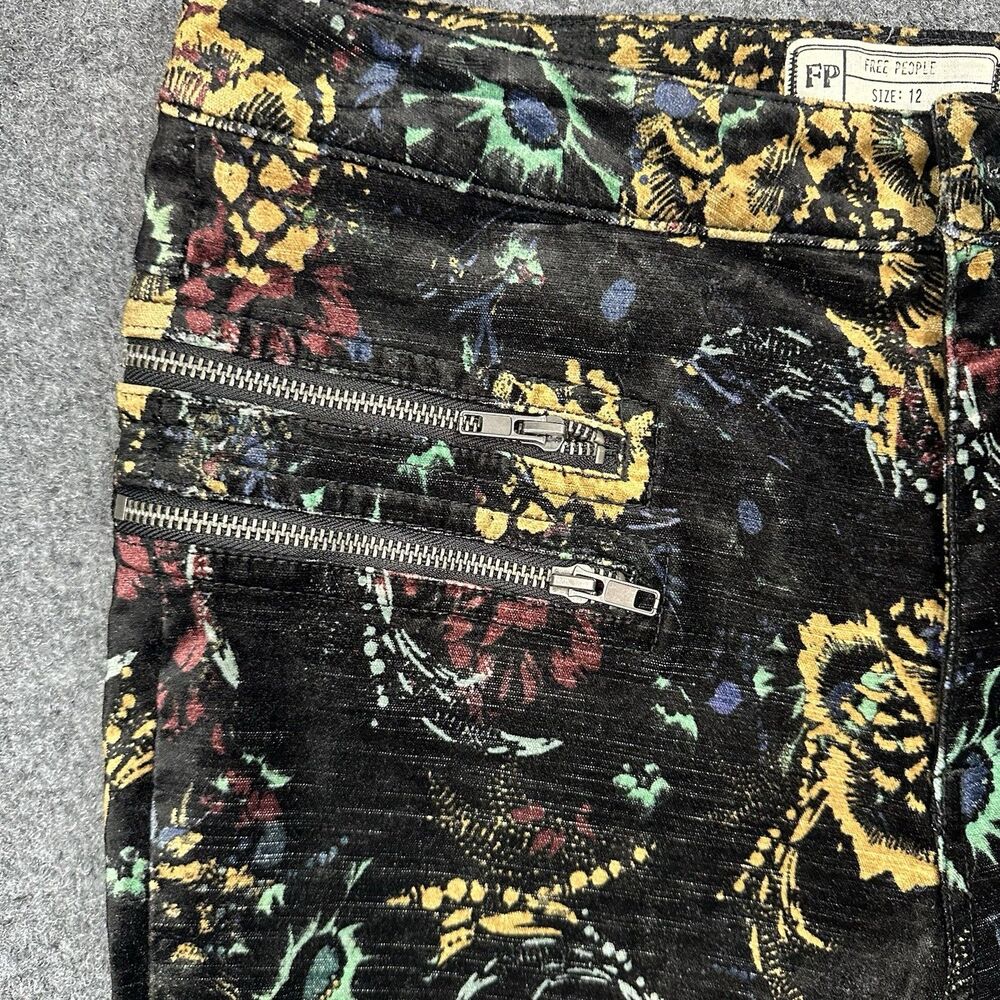 Free People Velvet Skinny Pant 12 Black Floral Print Retro Zip Pockets Mid Rise - Picture 3 of 14